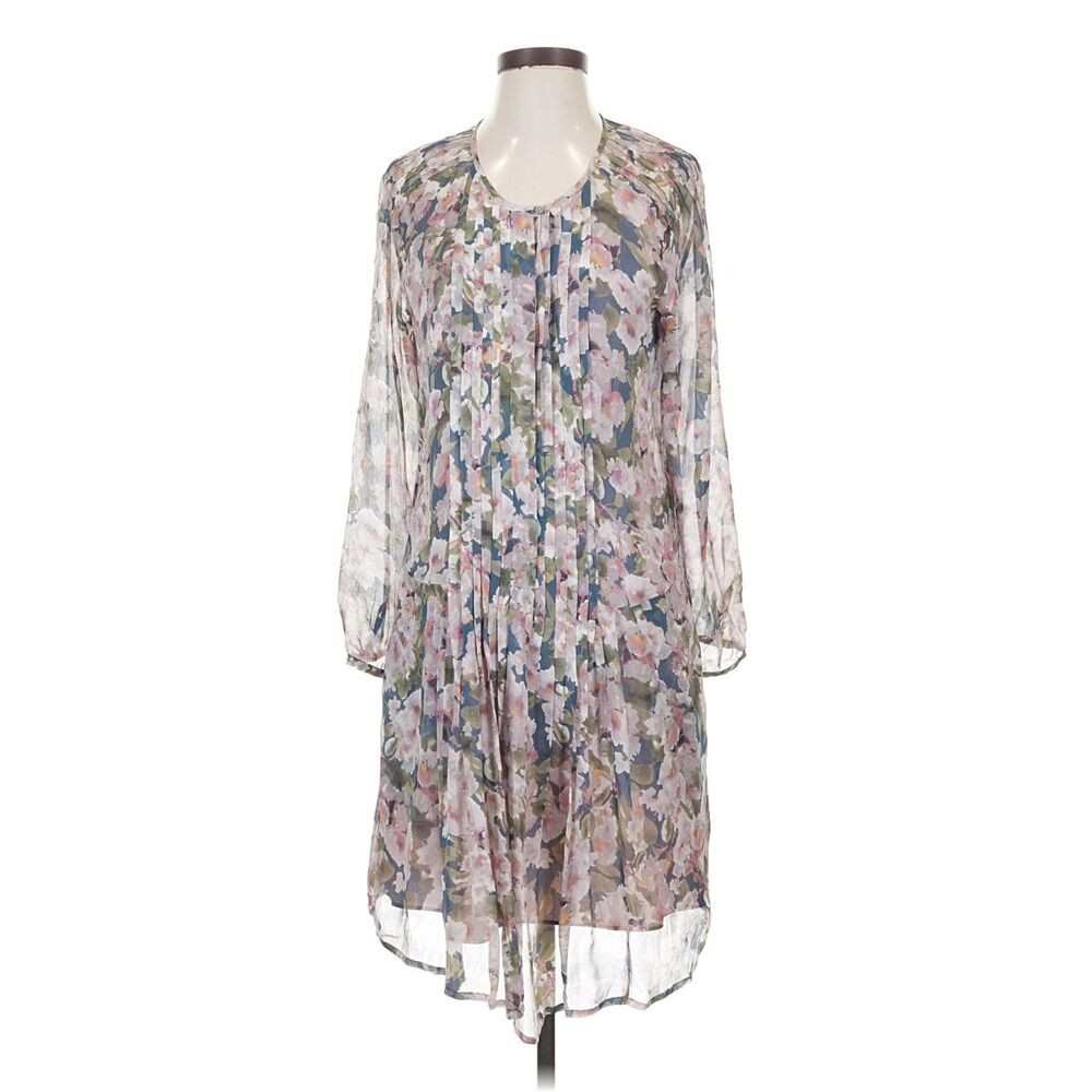 Sundance 100% Silk Floral Midi Dress Womens S Gray Tie Neck Long Sleeve Boho